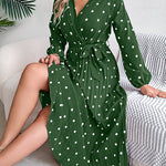 A-Line High Waisted Elasticity Pleated Polka-Dot Split-Joint Tied Waist V-Neck Midi Dresses Shirt Dress