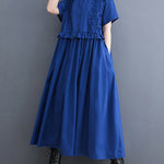 Simple Short Sleeves Loose Buttoned Falbala Split-Joint Solid Color Midi Shirt Dress