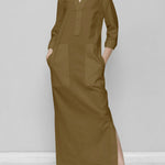 Long Sleeves Loose Solid Color Split-Joint V-Neck Maxi Dresses