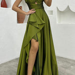 Perfect Soiree Crossover Neck Back Tie-up Ruffles Slit Maxi Dress