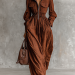 Women's Cotton And Linen Zipper Lapel Elastic Waist Maxi Dress