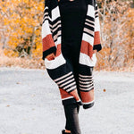 Pocketed Color Block Striped Chunky Knit Midi Cardigan