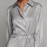 Women's Elegant Grey Satin Shirt-collar Long Dress With Tie Detail