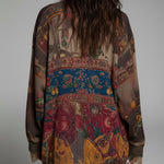 Bohemian-style Printed Blouse With A Front Zipper And Lace Trim