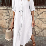 Casual solid color lapel long sleeve shirt dress