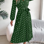A-Line High Waisted Elasticity Pleated Polka-Dot Split-Joint Tied Waist V-Neck Midi Dresses Shirt Dress