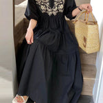 Bishop Sleeve Loose Embroidered Pleated V-Neck Midi Dresses