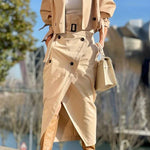 Work Style Lapel Long Sleeve Jacket and Button Belt Pocketed Slit Midi Skirt Set