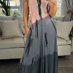 V Neck Sleeveless Color Block Printed Maxi Swing Dress