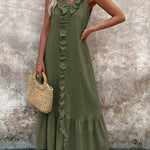 A-Line Loose Pleated Ruffle Trim Solid Color V-Neck Maxi Dresses