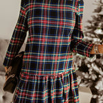Fashionable Plaid Print Long Sleeve Round Neck Slim Fit Mini Dress