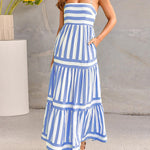 Loose Sleeveless Pleated Split-Joint Striped Spaghetti-Neck Maxi Dresses