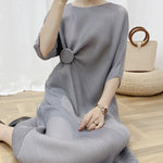 Half Sleeves Irregular Clipping Pleated Solid Color Round-Neck Midi Dresses