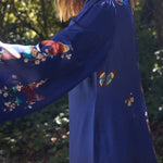 Butterfly Print Navy Blue Long Sleeve Loose Long Dress