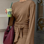 A-Line Bodycon Pleated Solid Color Tied Waist Zipper Round-Neck Mini Dresses