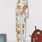 Lakeside Breeze Linen Blend Unique Print Short Sleeve Button Oversized Blouse