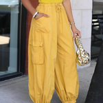 Loose Drawstring Elasticity Pockets Solid Color Casual Pants Bottoms Cropped Trousers Trousers