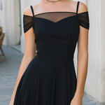 Off-Shoulder Mesh Panel A-Line Midi Dress