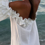 Margovil Off Shoulder Ruffle Trim Slit Cotton Linen Maxi Vacation Dress