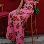Ruffled Cap Sleeves Rose Print Maxi Cheongsam Dress