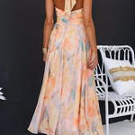 Halter Neck Open Back Waisted Watercolor Print Maxi Dress