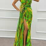 Margovil Strapless Rose Detail High Slit Printed Chiffon Maxi Dress