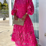 Margovil Mockneck Puff Sleeves Lace Hollow Out Mid Dress