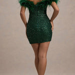 Margovil Off Shoulder Feather Trim Sequin Mini Party Dress