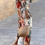 Tropical Plant Print V-Neck Twisted Waist Slit Maxi Dress