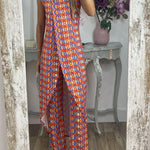 Retro Print Casual Split Top Two-Piece Set