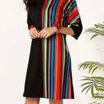 A-Line Half Sleeves Asymmetric Contrast Color Striped Round-Neck Mini Dresses