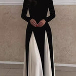 A-Line Long Sleeves Contrast Color Elasticity Pleated Split-Joint Round-Neck Evening Dresses Maxi Dresses