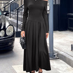 High Waisted Long Sleeves Pleated Solid Color Split-Front One-Shoulder Maxi Dresses