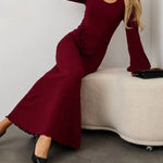 Long Sleeves Pleated Ruffled Solid Color Split-Joint Round-Neck Maxi Dresses