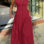 A-Line Loose Pleated Pockets Split-Joint Zipper Round-Neck Maxi Dresses