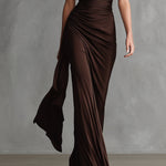 Women's Dark Brown Stretch Dress With Twisted Neckline & Maxi Length, Modern Bold-Elegant Style Dress