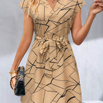 A-Line Loose Printed Tied Waist V-Neck Mini Dresses