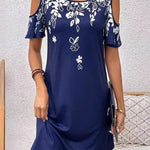 A-Line Loose Flower Print Hollow Cold Shoulder Mini Dresses