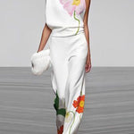 High Waisted Loose Asymmetric Floral Printed Split-Joint Pants Trousers