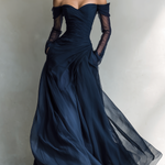 Women's Elegant Dark Blue Chiffon Organza Off-shoulder Long-sleeved Fitted Maxi Dress