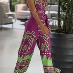 Unique Printed V-Neck Sleeveless Waist Tie Jumpsuit