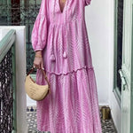 Marrakech Stories Linen Blend Printed Balloon Sleeve Pocketed A-line Midi Dress