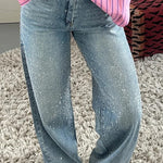 Fashionable Rhinestone Mid-rise Loose Pocket Straight Jeans