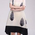 A-Line Loose Flower Print Pleated Round-Neck Midi Dresses