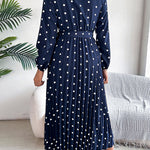 High Waisted Long Sleeves Pleated Polka Dot Tied Waist V-Neck Maxi Dresses Shirt Dress