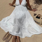 Bohemian Style V-neck Backless Slip Layered Vacation Maxi Dress