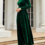 Long Sleeves Wrap Belted Pleated Solid Color Zipper Round-Neck Maxi Dresses