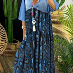 Ursime Vintage Leopard Denim Patchwork Raw Trim Maxi Dress