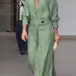 Full-Sleeve V Neck Belt Button Pocket Midi Dress