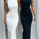 Bodycon Sleeveless Pleated Solid Color Split-Back Split-Joint Zipper Spaghetti-Neck Maxi Dresses